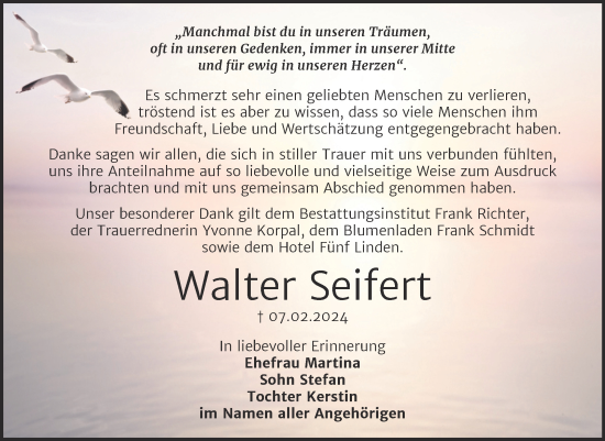Traueranzeige von Walter Seifert von Trauerkombi Sangerhausen