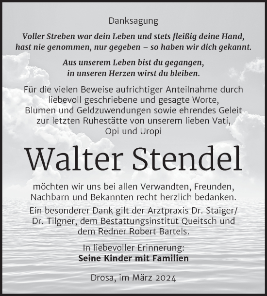 Traueranzeige von Walter Stendel von Trauerkombi Köthen