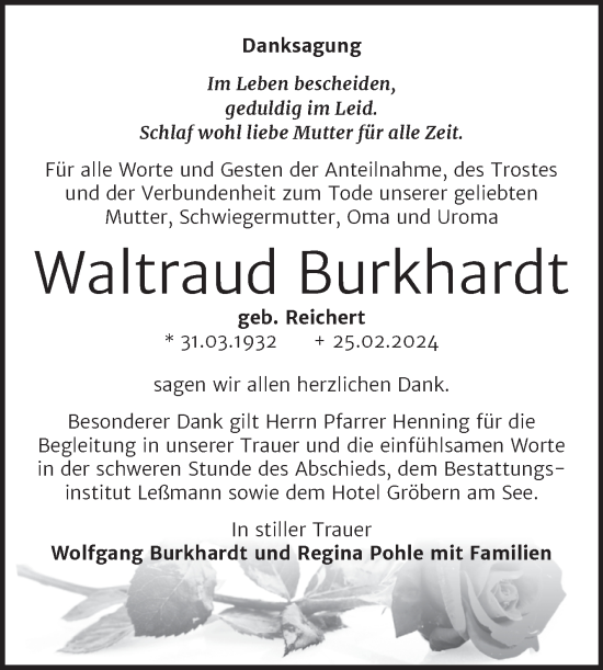 Traueranzeige von Waltraud Burkhardt von Trauerkombi Bitterfeld