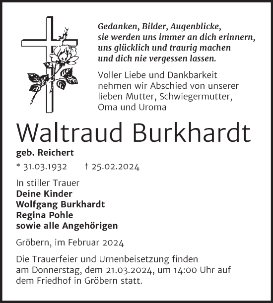 Traueranzeige von Waltraud Burkhardt von Trauerkombi Bitterfeld