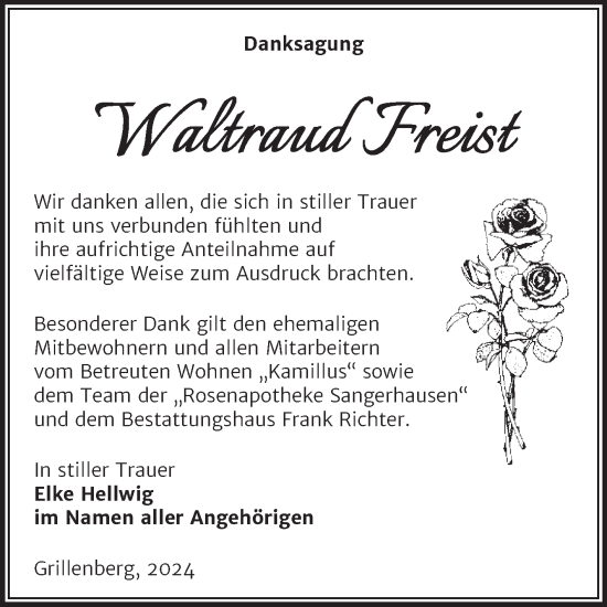 Traueranzeige von Waltraud Freist von Trauerkombi Sangerhausen