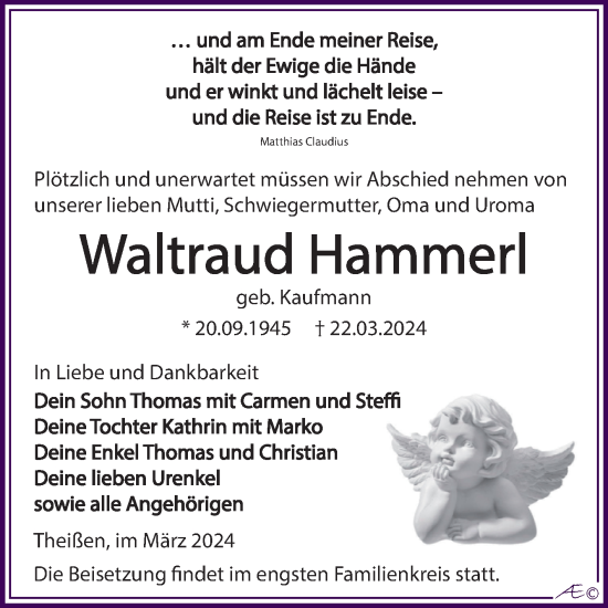 Traueranzeige von Waltraud Hammerl von Trauerkombi Zeitz