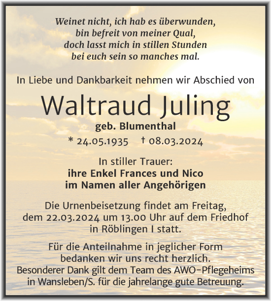 Traueranzeige von Waltraud Juling von Trauerkombi Mansfelder Land