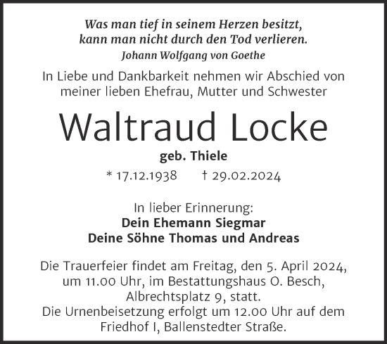 Traueranzeige von Waltraud Locke von Trauerkombi Dessau