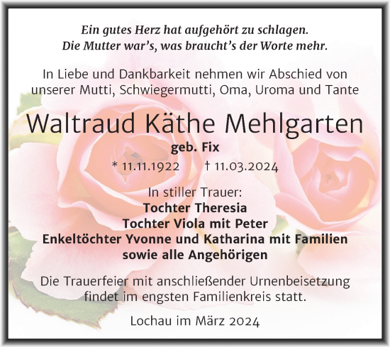 Traueranzeige von Waltraud Mehlgarten von Trauerkombi Merseburg