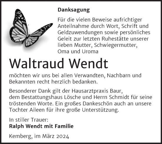 Traueranzeige von Waltraud Wendt von Trauerkombi Wittenberg