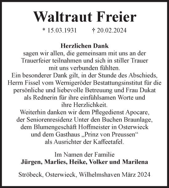 Traueranzeige von Waltraut Freier von Volksstimme Halberstadt