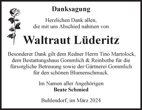 Traueranzeige von Waltraut Lüderitz von Volksstimme Zerbst