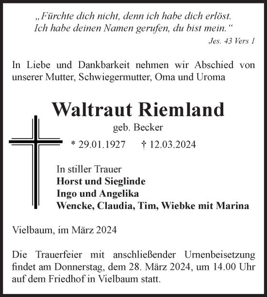 Traueranzeige von Waltraut Riemland von Volksstimme Altmark Ost