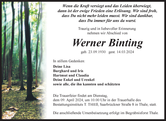 Traueranzeige von Werner Binting von Trauerkombi Quedlinburg