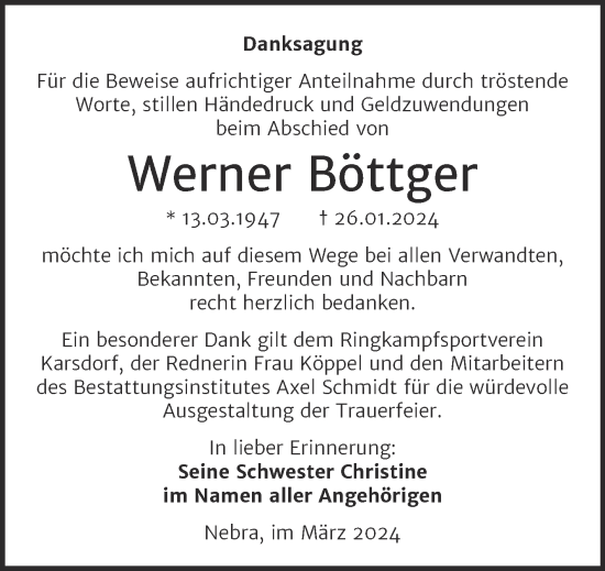 Traueranzeige von Werner Böttger von Super Sonntag Naumburg/Nebra