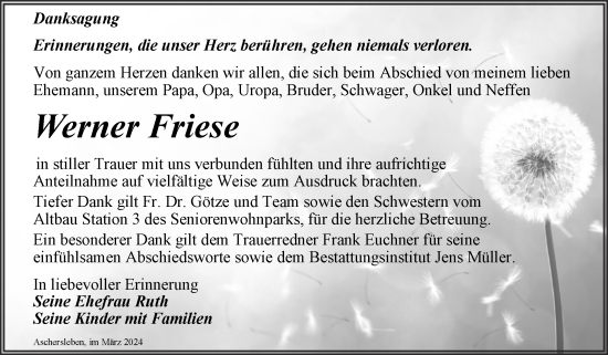 Traueranzeige von Werner Friese von Trauerkombi Aschersleben