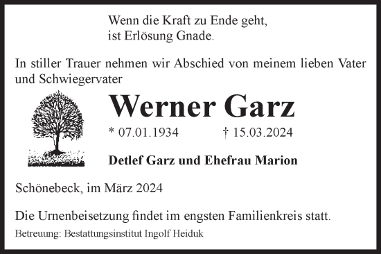 Traueranzeige von Werner Garz von Volksstimme Schönebeck