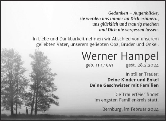 Traueranzeige von Werner Hampel von Trauerkombi Bernburg