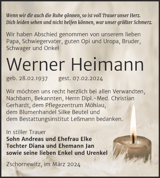 Traueranzeige von Werner Heimann von Trauerkombi Wittenberg