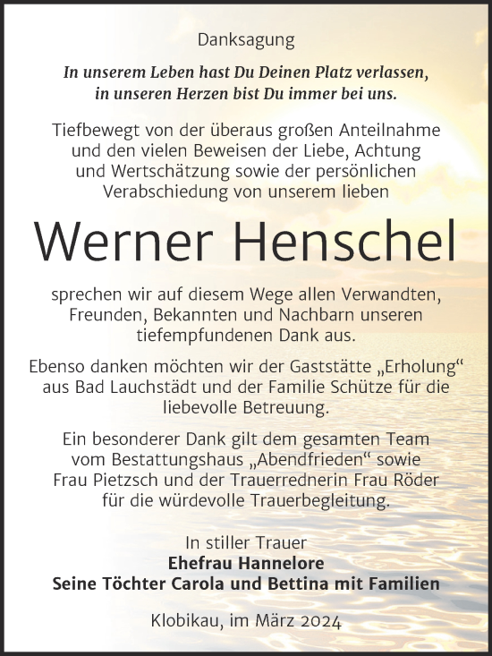 Traueranzeige von Werner Henschel von Trauerkombi Merseburg