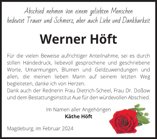 Traueranzeige von Werner Höft von Volksstimme Magdeburg