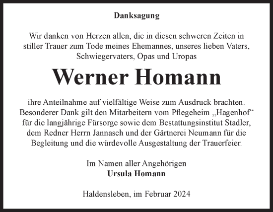 Traueranzeige von Werner Homann von Volksstimme Haldensleben/Wolmirstedt
