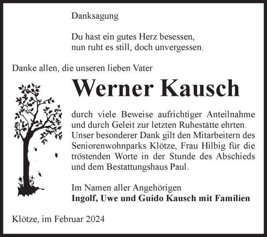 Traueranzeige von Werner Kausch von Volksstimme Altmark West