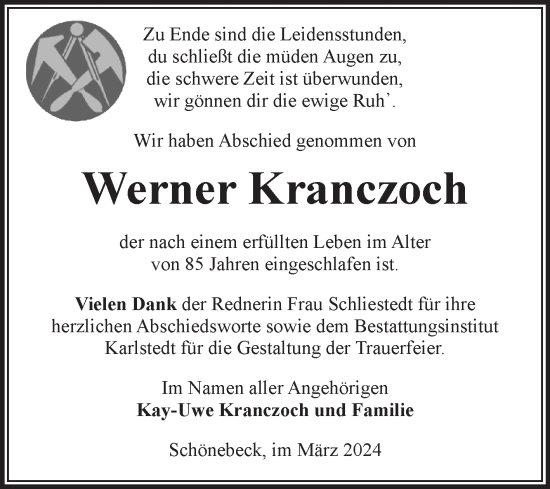 Traueranzeige von Werner Kranczoch von Volksstimme Schönebeck