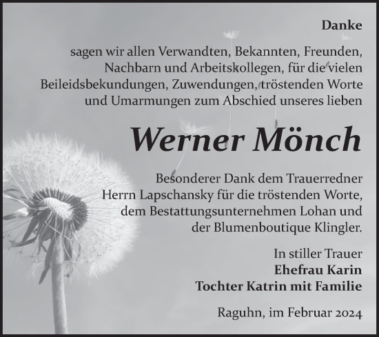 Traueranzeige von Werner Mönch von Trauerkombi Bitterfeld