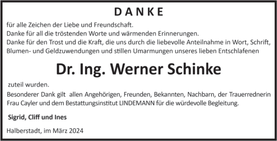 Traueranzeige von Werner Schinke von Volksstimme Halberstadt