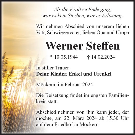 Traueranzeige von Werner Steffen von Volksstimme Burg/Genthin
