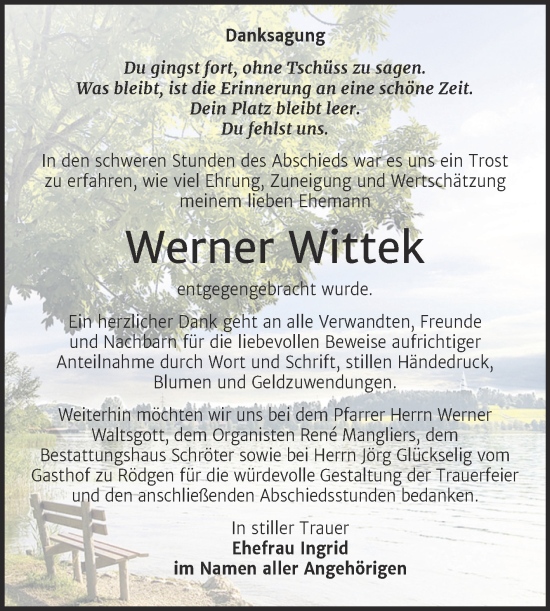 Traueranzeige von Werner Wittek von Trauerkombi Bitterfeld