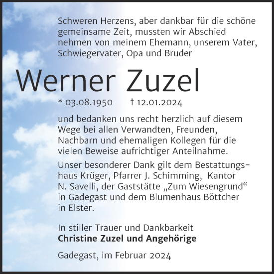 Traueranzeige von Werner Zuzel von Trauerkombi Wittenberg
