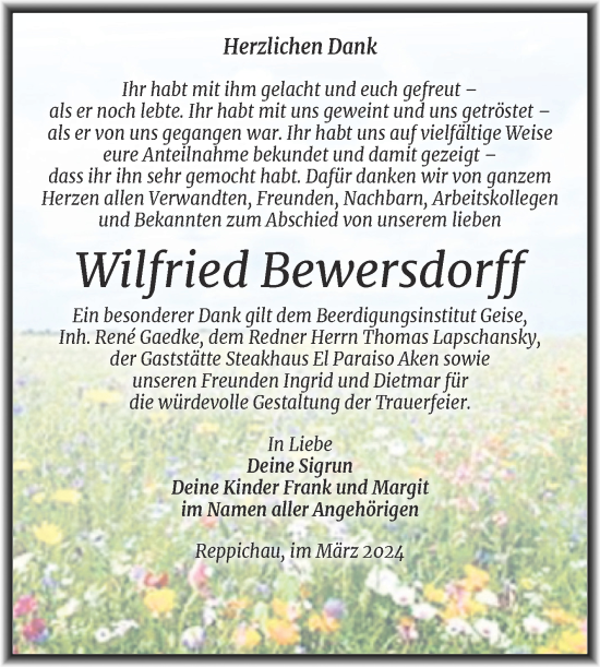 Traueranzeige von Wilfried Bewersdorff von Trauerkombi Köthen