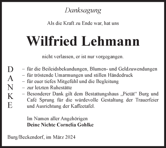 Traueranzeige von Wilfried Lehmann von Volksstimme Burg/Genthin