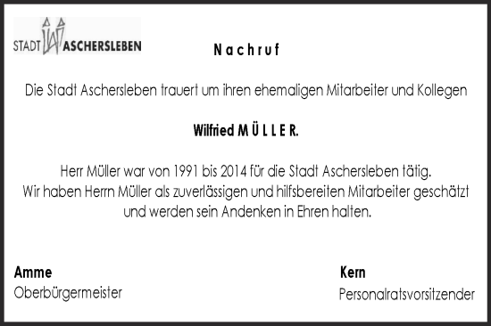 Traueranzeige von Wilfried Müller von Super Sonntag Aschersleben
