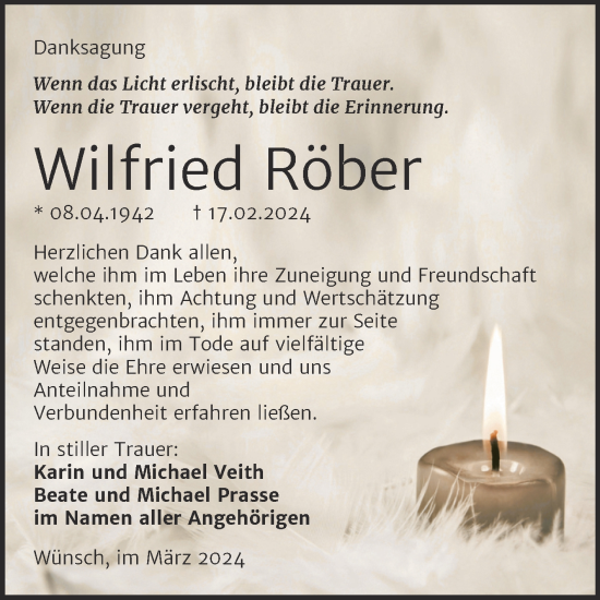 Traueranzeige von Wilfried Röber von Trauerkombi Merseburg
