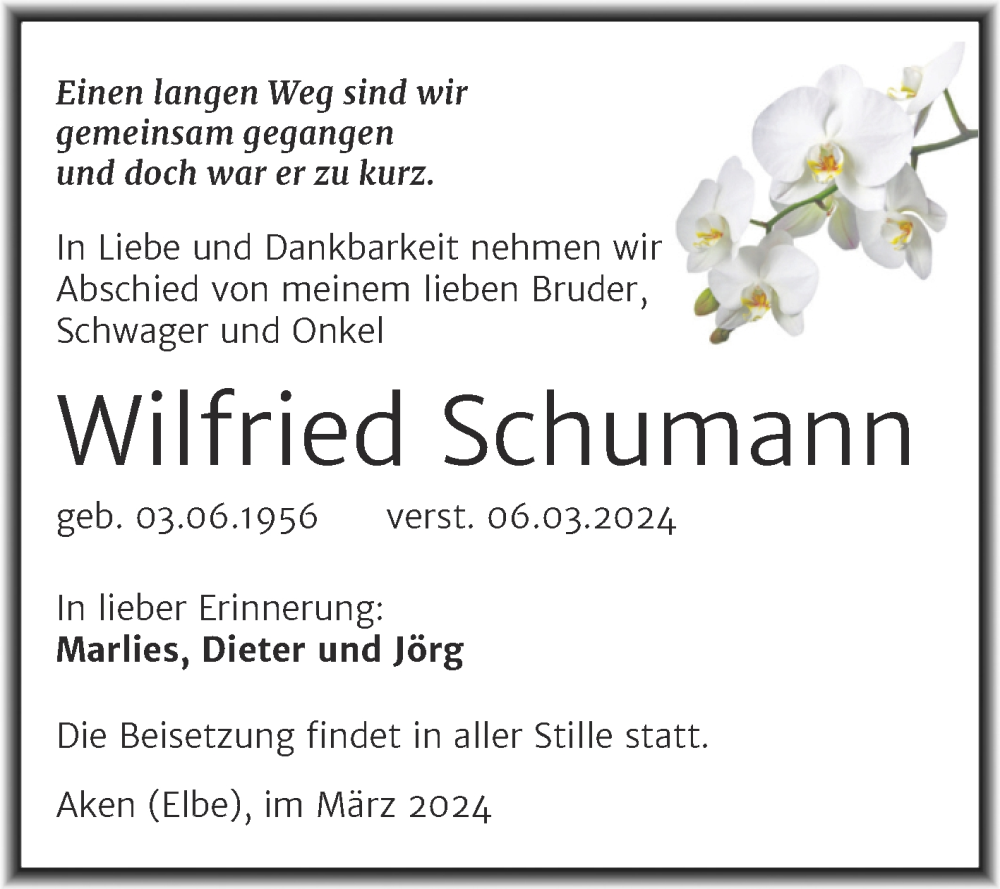  Traueranzeige für Wilfried Schumann vom 09.03.2024 aus Trauerkombi Köthen