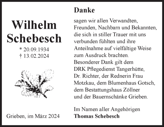Traueranzeige von Wilhelm Schebesch von Volksstimme Altmark Ost