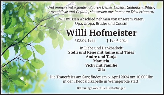 Traueranzeige von Willi Hofmeister von Volksstimme Wernigerode