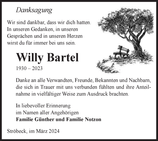 Traueranzeige von Willy Bartel von Volksstimme Halberstadt