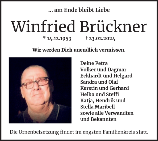 Traueranzeige von Winfried Brückner von Trauerkombi Bitterfeld