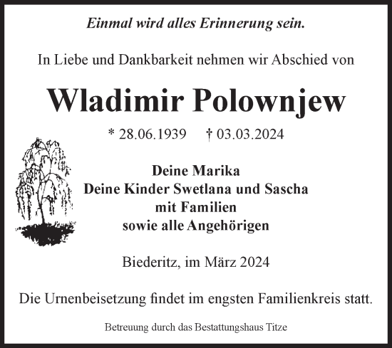 Traueranzeige von Wladimir Polownjew von Volksstimme Burg/Genthin