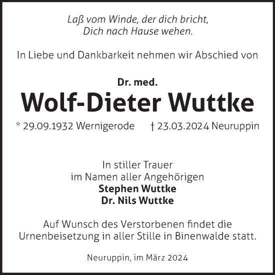 Traueranzeige von Wolf-Dieter Wuttke von Volksstimme Magdeburg