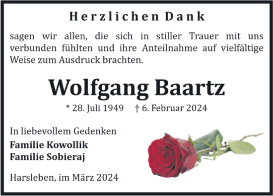 Traueranzeige von Wolfgang Baartz von Volksstimme Halberstadt