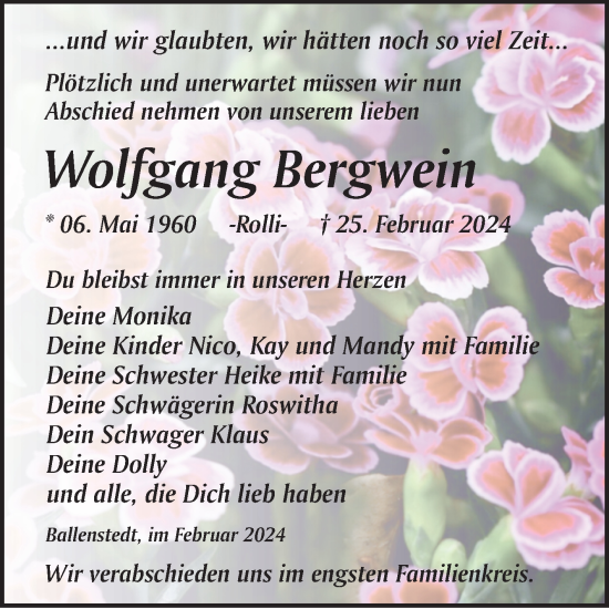 Traueranzeige von Wolfgang Bergwein von Trauerkombi Quedlinburg