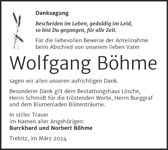 Traueranzeige von Wolfgang Böhme von Trauerkombi Wittenberg