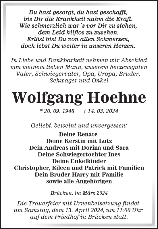 Traueranzeige von Wolfgang Hoehne von Trauerkombi Sangerhausen