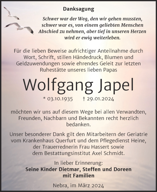Traueranzeige von Wolfgang Japel von Naumburger Tageblatt