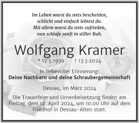 Traueranzeige von Wolfgang Kramer von Trauerkombi Dessau