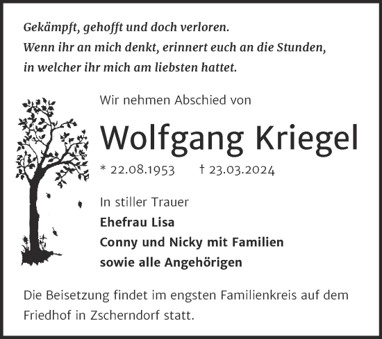 Traueranzeige von Wolfgang Kriegel von Trauerkombi Bitterfeld