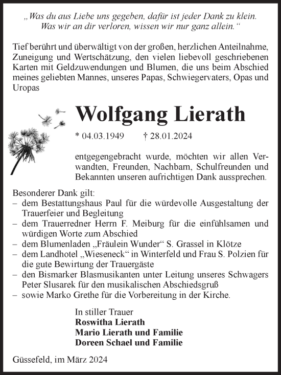 Traueranzeige von Wolfgang Lierath von Volksstimme Altmark West