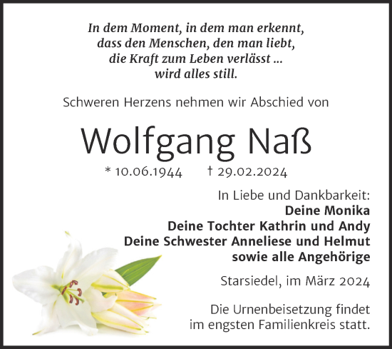 Traueranzeige von Wolfgang Naß von Trauerkombi Weißenfels