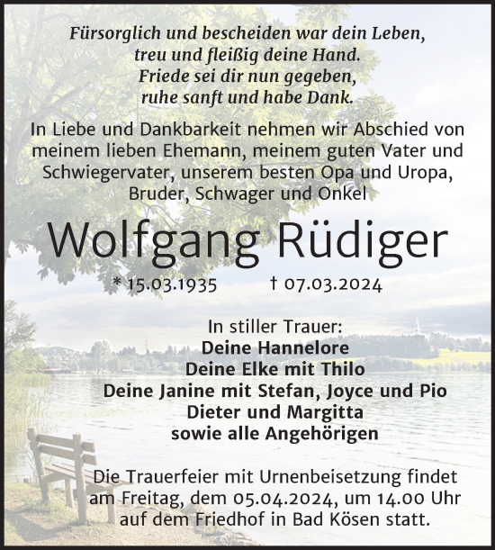 Traueranzeige von Wolfgang Rüdiger von Naumburger Tageblatt